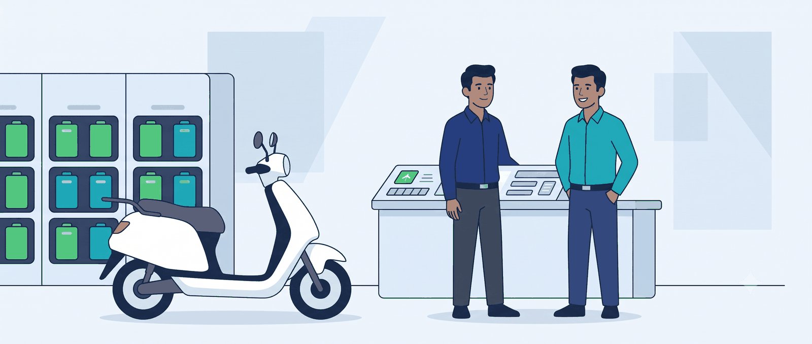 The two Fero founders standing together at a battery-swap centre, beside an electric scooter