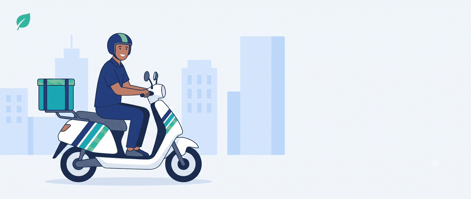 Fero rider on an electric scooter riding past a city skyline